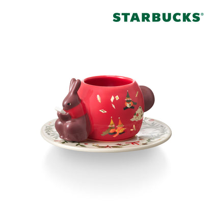 Holiday Series: Ceramic Rabbit Holiday with Wreath Saucer 3oz Mug