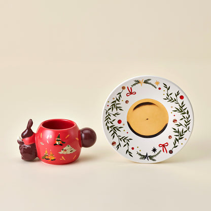 Holiday Series: Ceramic Rabbit Holiday with Wreath Saucer 3oz Mug