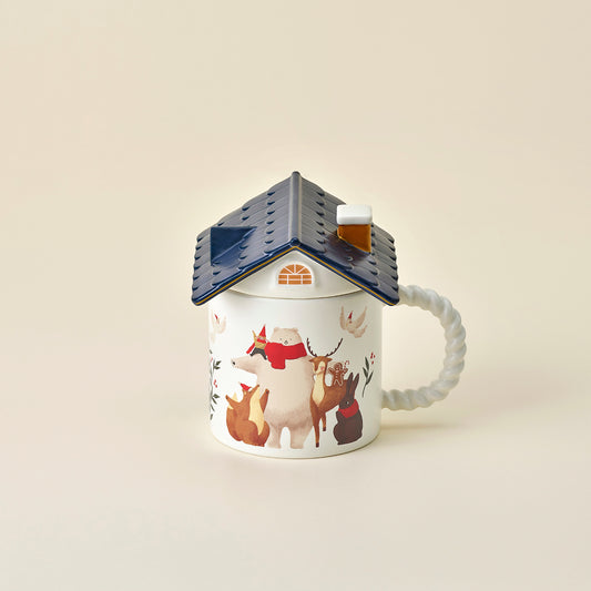 Holiday Series: Ceramic Holiday House with Rooftop Lid 12oz Mug